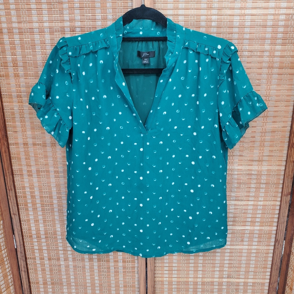 ♤ J Crew Painted Dot Short Sleeve  Ruffle Top Teal and White Size XS